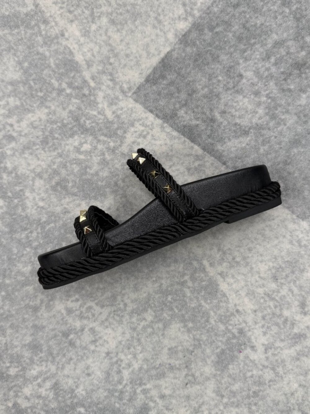 Women's Black Studded Slide Sandals, Gold Pyramid Stud Flat Sandals - Picture 9 of 11